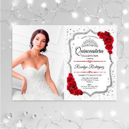 Small Quinceanera Party With Photo Silver Red Invitation Front View