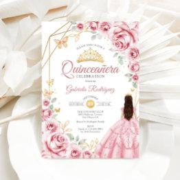 Small Quinceanera Pink Gold Dress Floral Invitation Front View