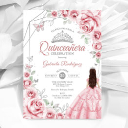 Small Quinceanera Pink Silver Dress Floral Invitation Front View