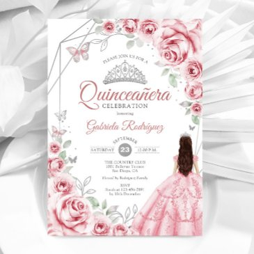 quinceanera pink silver dress floral invitation