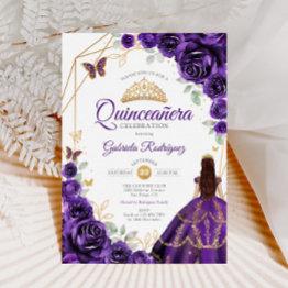 Small Quinceanera Purple Floral Dress Gold Invitation Front View
