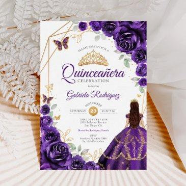 quinceanera purple floral dress gold invitation
