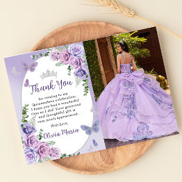 Small Quinceañera Purple Floral Tiara Thank You Invitations Front View