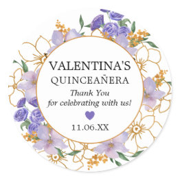 Small Quinceanera Purple Gold Floral Favor Thank You Classic Round Sticker Front View