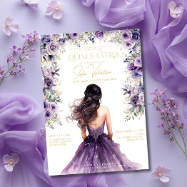 Small Quinceañera Purple Lilac Floral Gold Princess Gown Invitation Front View