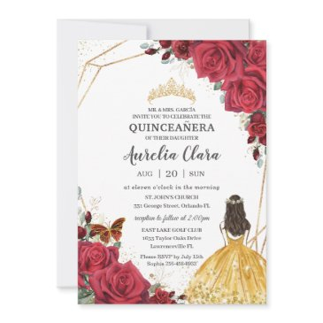 quinceañera red rose floral yellow dress princess invitation