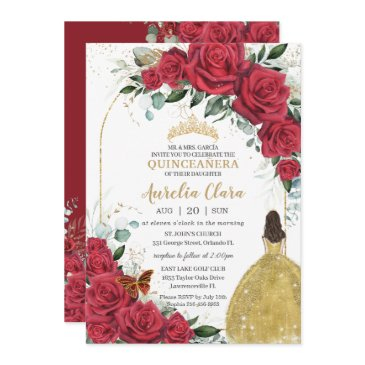 quinceañera red roses floral princess yellow dress invitation