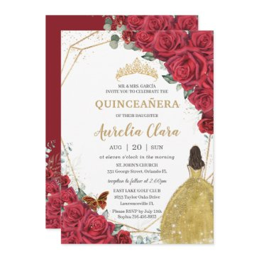 quinceañera red roses floral yellow princess dress invitation