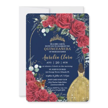 quinceañera red roses princess yellow dress blue invitation