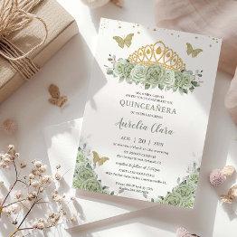Small Quinceanera Sage Green Floral Gold Crown Butterfly Invitation Front View