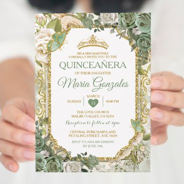 quinceañera sage green & gold crown butterfly invitation