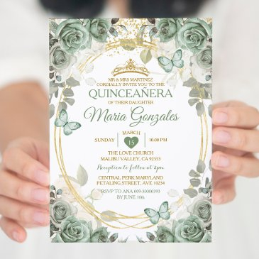 quinceañera sage green & gold crown butterfly invitation
