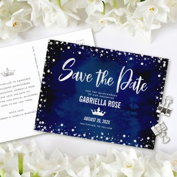 quinceañera save date navy silver glitter crown invitation postinvitations