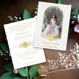 Small Quinceañera Spanish Fancy Golden Arch Effect Photo Foil Invitation Front View