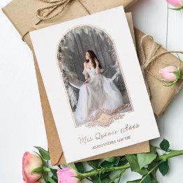 Small Quinceañera Spanish Fancy Rose Gold Arch Photo Foil Invitation Front View