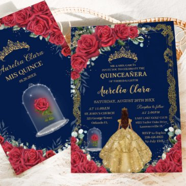 quinceañera sweet 16 enchanted red rose navy blue invitation