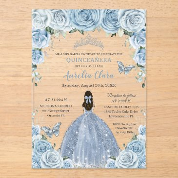 quinceañera xv baby blue floral princess silver acrylic invitations