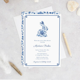 Small Rabbit Chinoiserie Chic Blue And White Baby Shower Invitation Front View