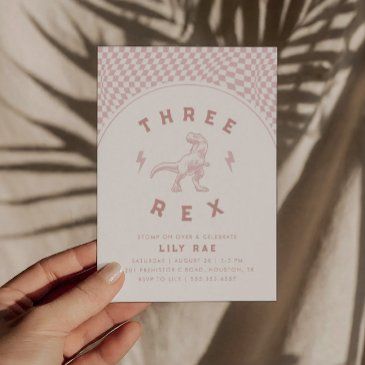 rad dinosaur three rex pink girls birthday invitation