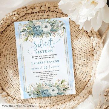 radiant pastel blue white peonies sweet 16 invite