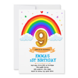 Small Rainbow Cloud 9th Birthday Invitation Front View