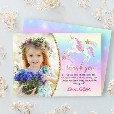 rainbow floral magical unicorn girl birthday photo thank you invitations