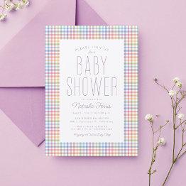 Small Rainbow Gingham Plaid Cute Pastel Baby Shower Invitation Front View