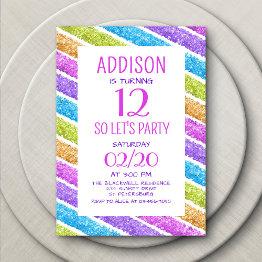 Small Rainbow Glitter Stripes Birthday Invitation Front View