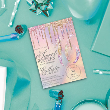 rainbow holographic glitter drips sweet 16 invitation