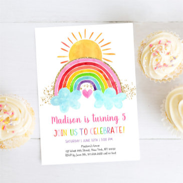 rainbow sunshine pink gold birthday invitation