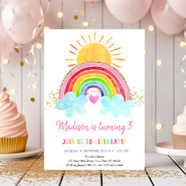 Small Rainbow Sunshine Pink Gold Birthday Invitation Front View