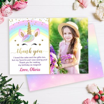 rainbow unicorn gold glitter girl birthday photo thank you invitations