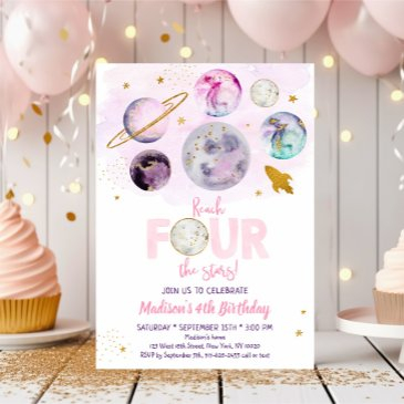 reach four the stars galaxy pink gold birthday invitation