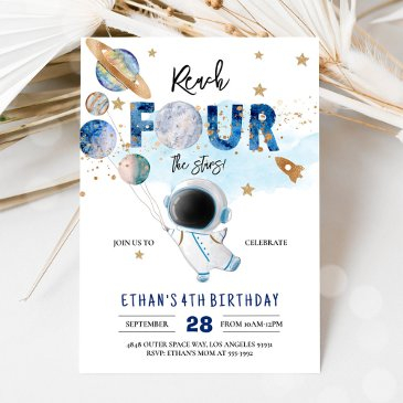 reach four the stars outer space balloon birthday invitation