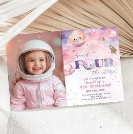 Small Reach Four The Stars Space Girl Birthday Invitation Front View