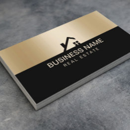 Small Real Estate Modern House Logo Black & Gold Business Invitations Front View