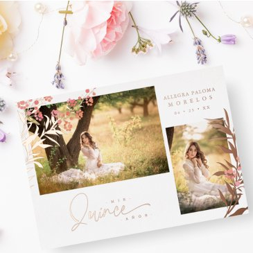 real rose gold quinceañera trendy branches spanish foil invitation