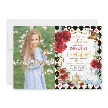 red alice in wonderland mad hatter birthday tea invitation