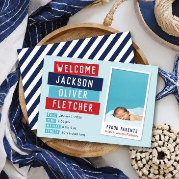 red and blue snapshot photo birth announcement