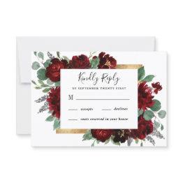 Small Red And Gold Floral Rustic Elegant White Wedding Rsvp Invitations Front View