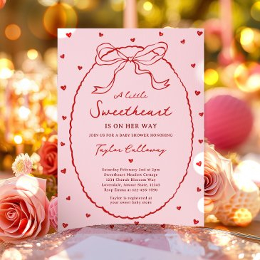 red and pink coquette bow valentine's baby shower invitation