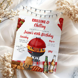Small Red Backyard Barbecue Chilling Grilling Birthday Invitation Front View