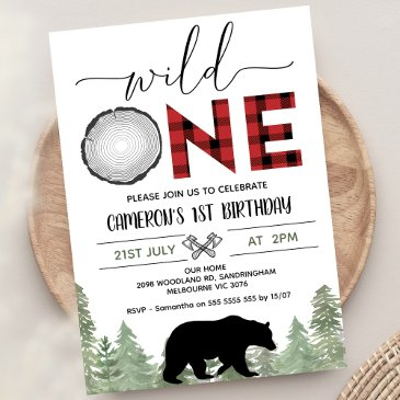red black green wild one lumberjack 1st birthday invitation