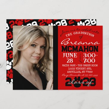 red & black pawprint graduation photo invitation