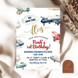 Small Red Blue Airplane First Birthday Boy Invitation Front View
