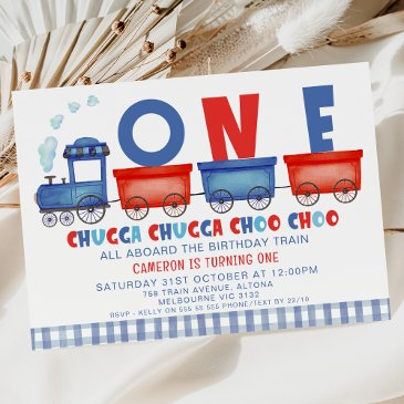 red blue chugga chugga train 1st birthday invitation