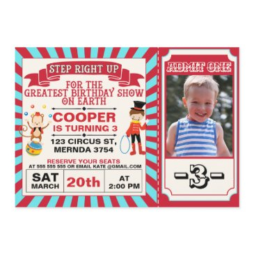 red blue circus ticket photo birthday invitation