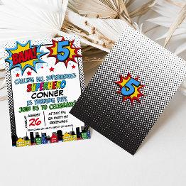 Small Red Blue Yellow Bam Superhero 5th Birthday Invitation Front View