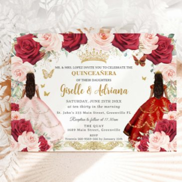 red blush pink floral twins gold quinceañera invitation