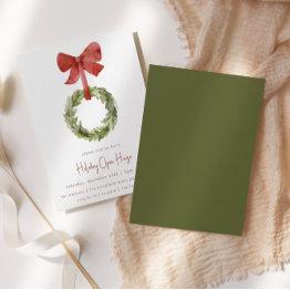Small Red Bow Christmas Wreath | Holiday Open House Invitation Front View